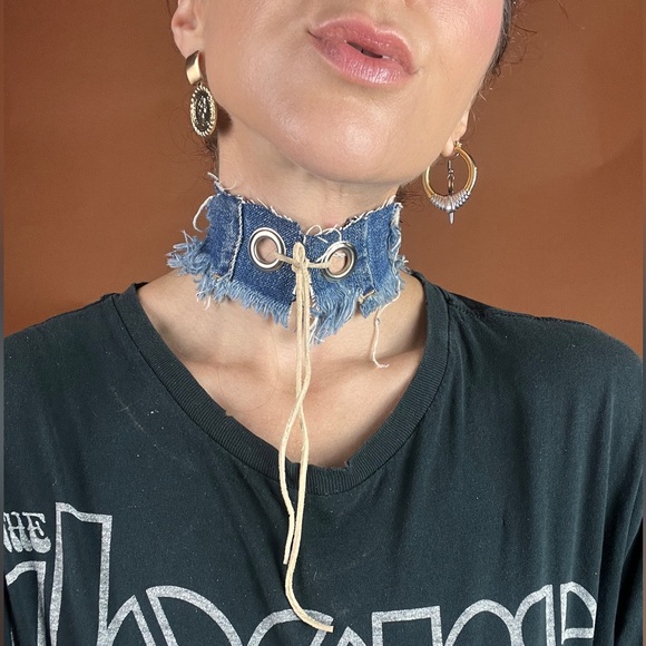 Distressed Dark Denim Reversible Choker Necklace with Leather Tie - Picture 2 of 4